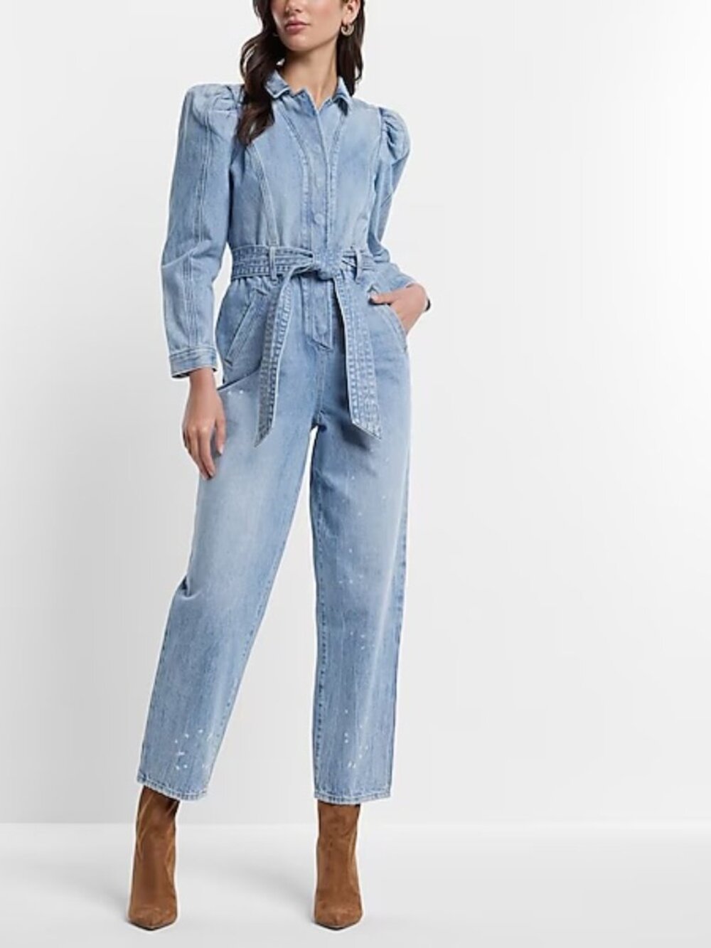 Express Puff Sleeve Tie Waist Distressed Denim Jumpsuit